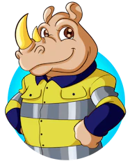 a cartoon rhino wearing a fireman's uniform