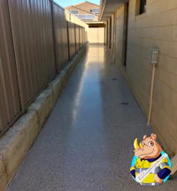 an image of a concrete walkway with a giraffe on it